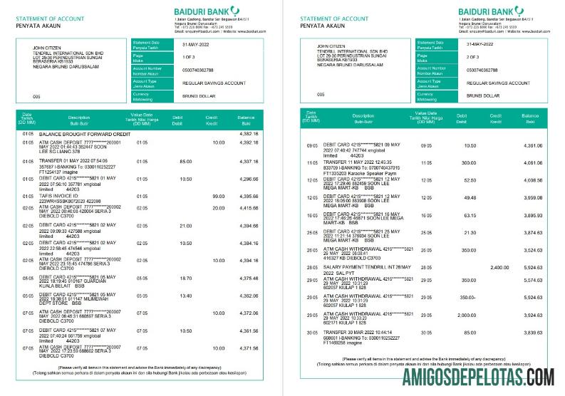 extrato bancário Brunei Baiduri em branco, modelo Word e PDF, 3 páginas